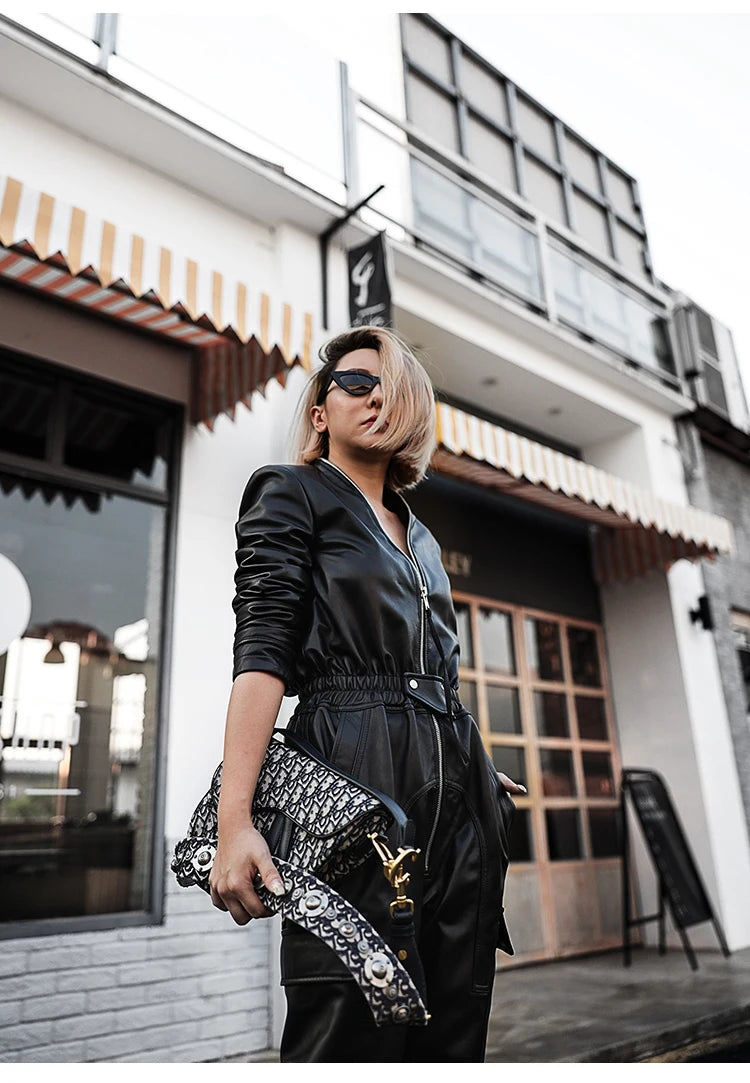 Black Faux Leather Cargo Jumpsuit - Luxury Long Sleeve Zip-Up Romper