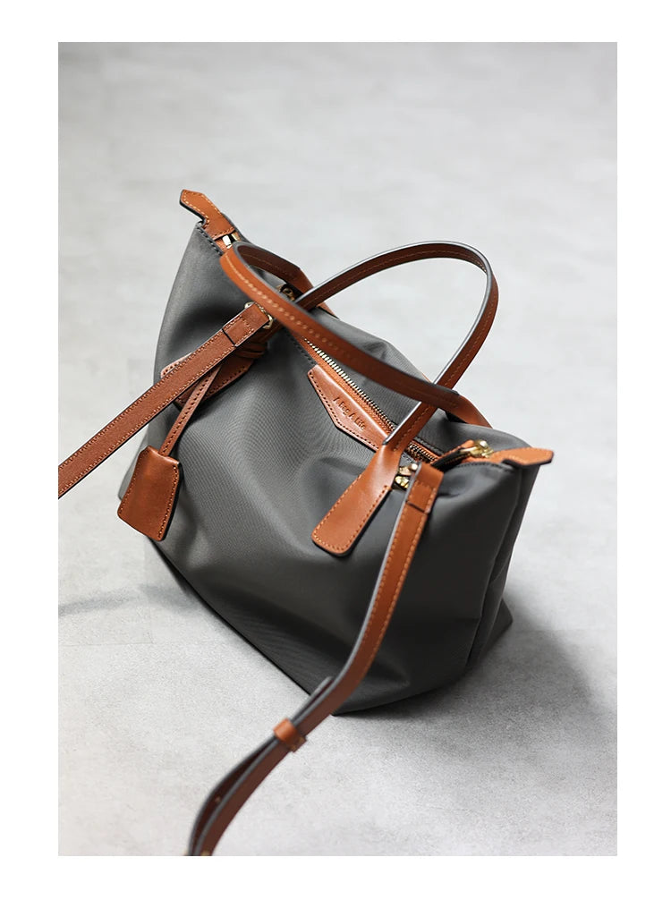 Zipper Tote Bags For Women Nylon With Real Leather Handbag High Quality Single Shoulder Bag