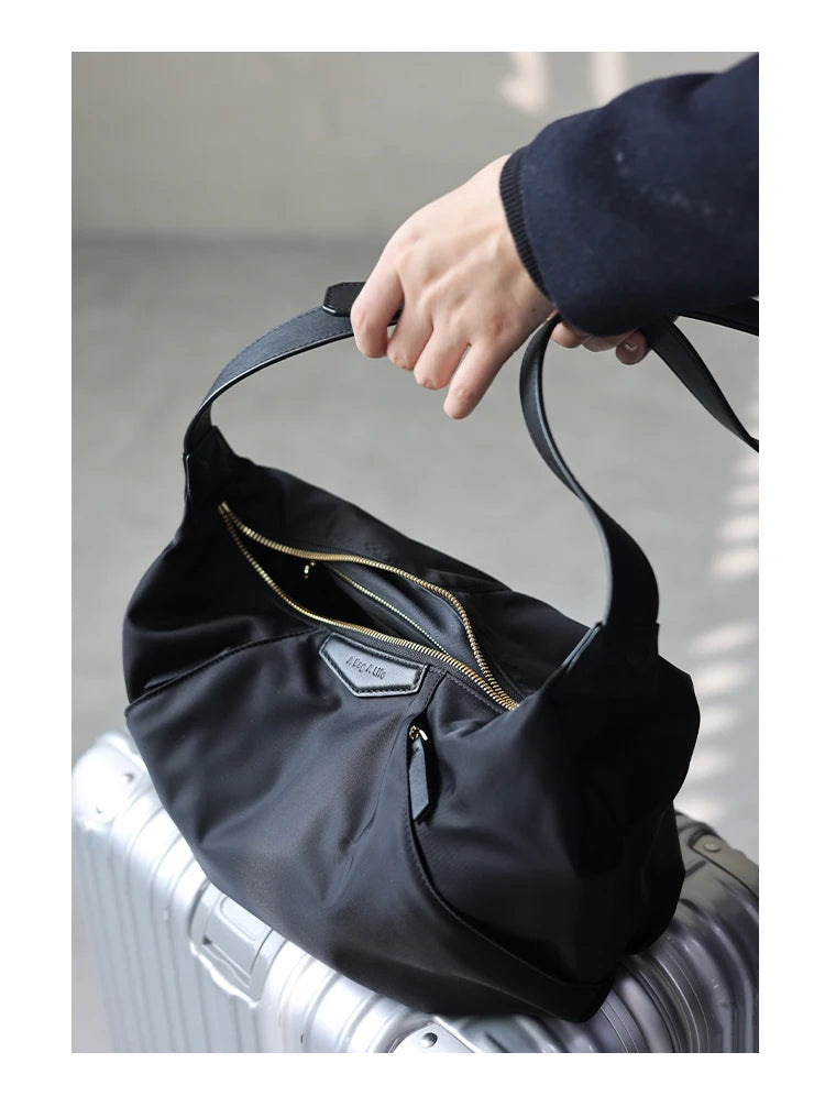 Lightweight Nylon Matching Genuine Leather Crossbody Bag High Quality Single Shoulder Bags Fashion Pleated Messenger Purses