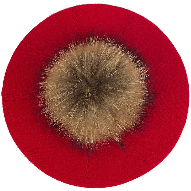 Women's Knit Beret with Oversized Pom Pom | Geebro