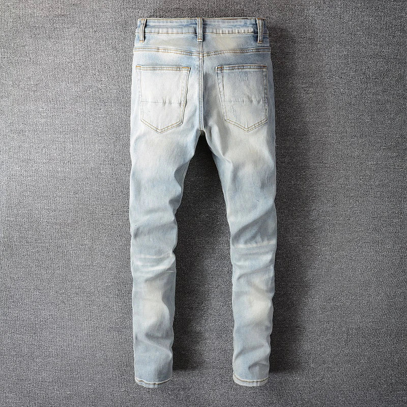 Men's Crystal Embellished Ripped Slim Jeans – Blue