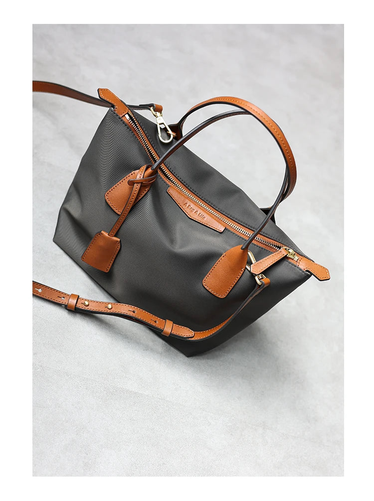 Zipper Tote Bags For Women Nylon With Real Leather Handbag High Quality Single Shoulder Bag