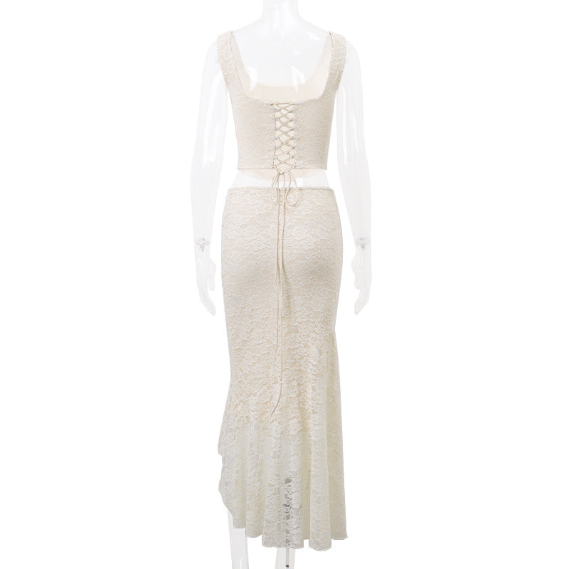 Gtpdpllt Elegant Lace Two Piece Set Women Irregular Long Skirt And Corset Top French Style Bodycon Dress Matching Sets