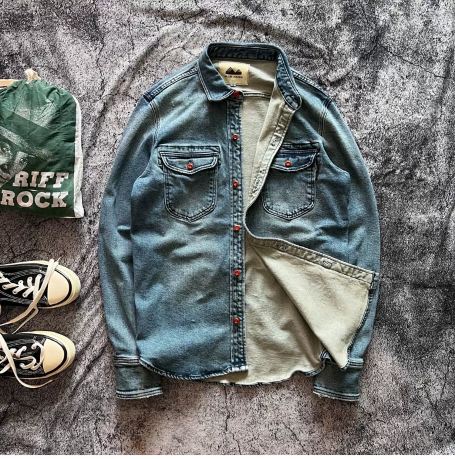 Heavyweight Stretchy Denim Shirt | Fall/Winter | 100% Cotton | Blue Washed | Thick Long-Sleeve Shirt for Men / Outerwear