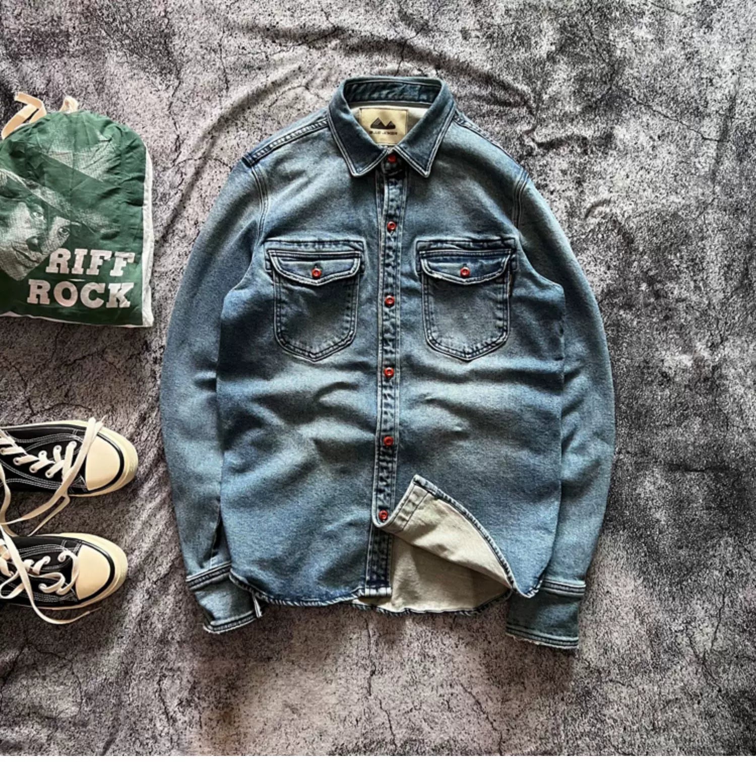 Heavyweight Stretchy Denim Shirt | Fall/Winter | 100% Cotton | Blue Washed | Thick Long-Sleeve Shirt for Men / Outerwear