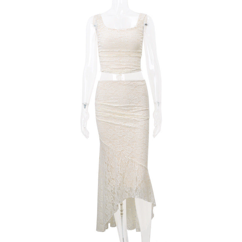 Gtpdpllt Elegant Lace Two Piece Set Women Irregular Long Skirt And Corset Top French Style Bodycon Dress Matching Sets