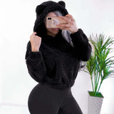 Winter Korean Fashion Bear Ears Cute Loose Hoodie Fluffy Hooded Warm Sweatshirt Long Sleeve Top Solid Pullover Clothes For Women