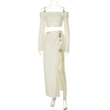 Women's Solid Beach Skirt Sets Sexy High Split Slim Bohemian Outfits Off The Shoulder Holiday Fashion 2 Piece Set 2025 Beachwear