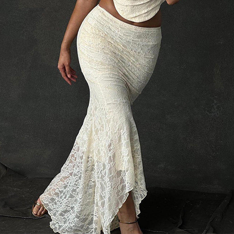 Gtpdpllt Elegant Lace Two Piece Set Women Irregular Long Skirt And Corset Top French Style Bodycon Dress Matching Sets