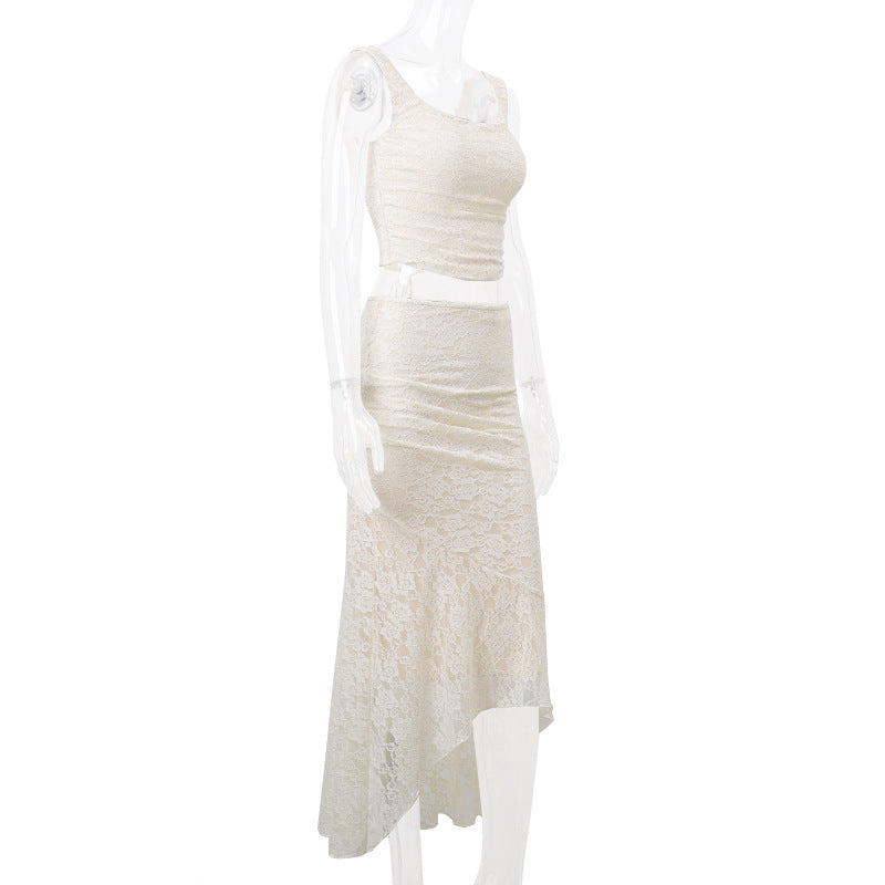 Gtpdpllt Elegant Lace Two Piece Set Women Irregular Long Skirt And Corset Top French Style Bodycon Dress Matching Sets