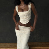 Gtpdpllt Elegant Lace Two Piece Set Women Irregular Long Skirt And Corset Top French Style Bodycon Dress Matching Sets