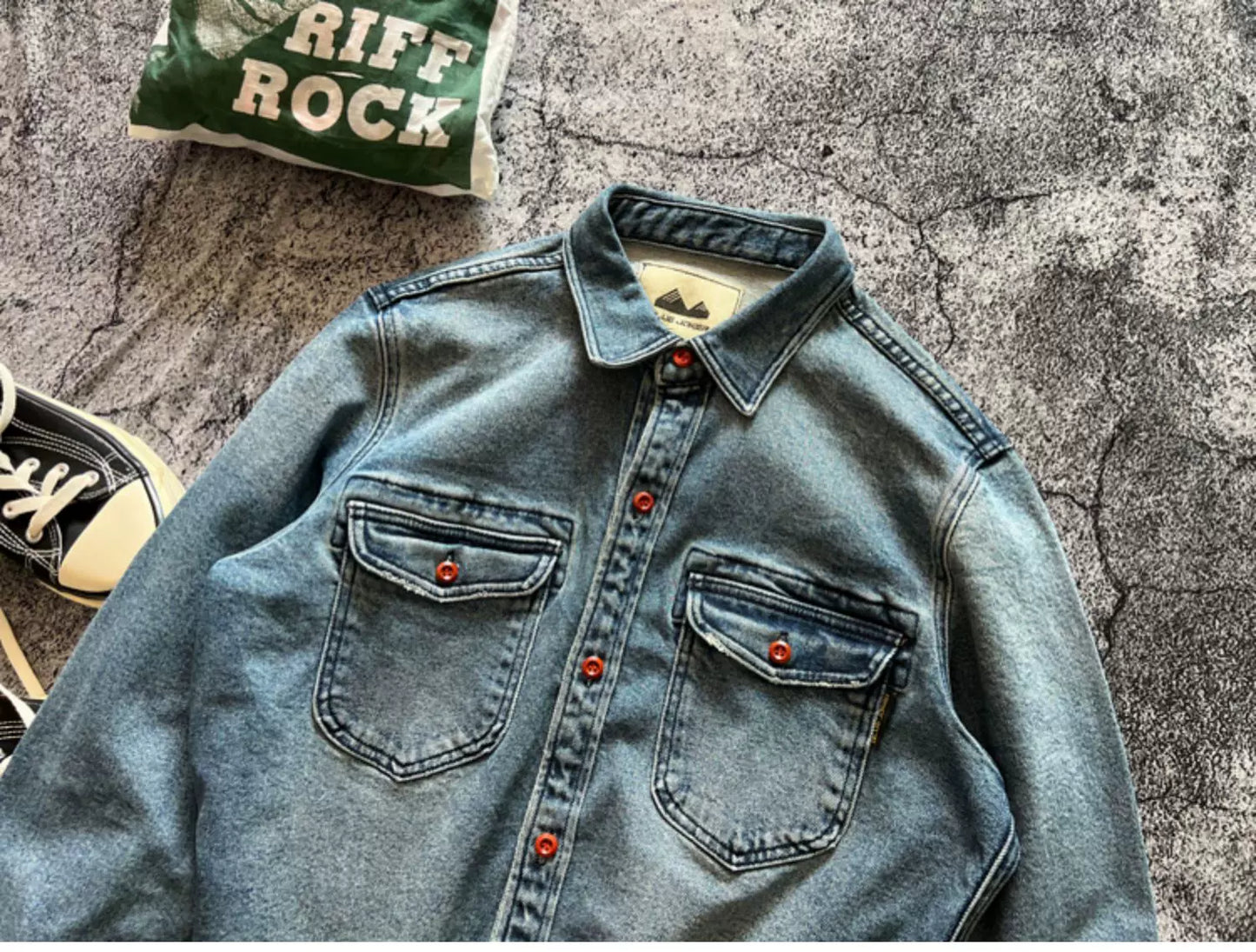 Heavyweight Stretchy Denim Shirt | Fall/Winter | 100% Cotton | Blue Washed | Thick Long-Sleeve Shirt for Men / Outerwear