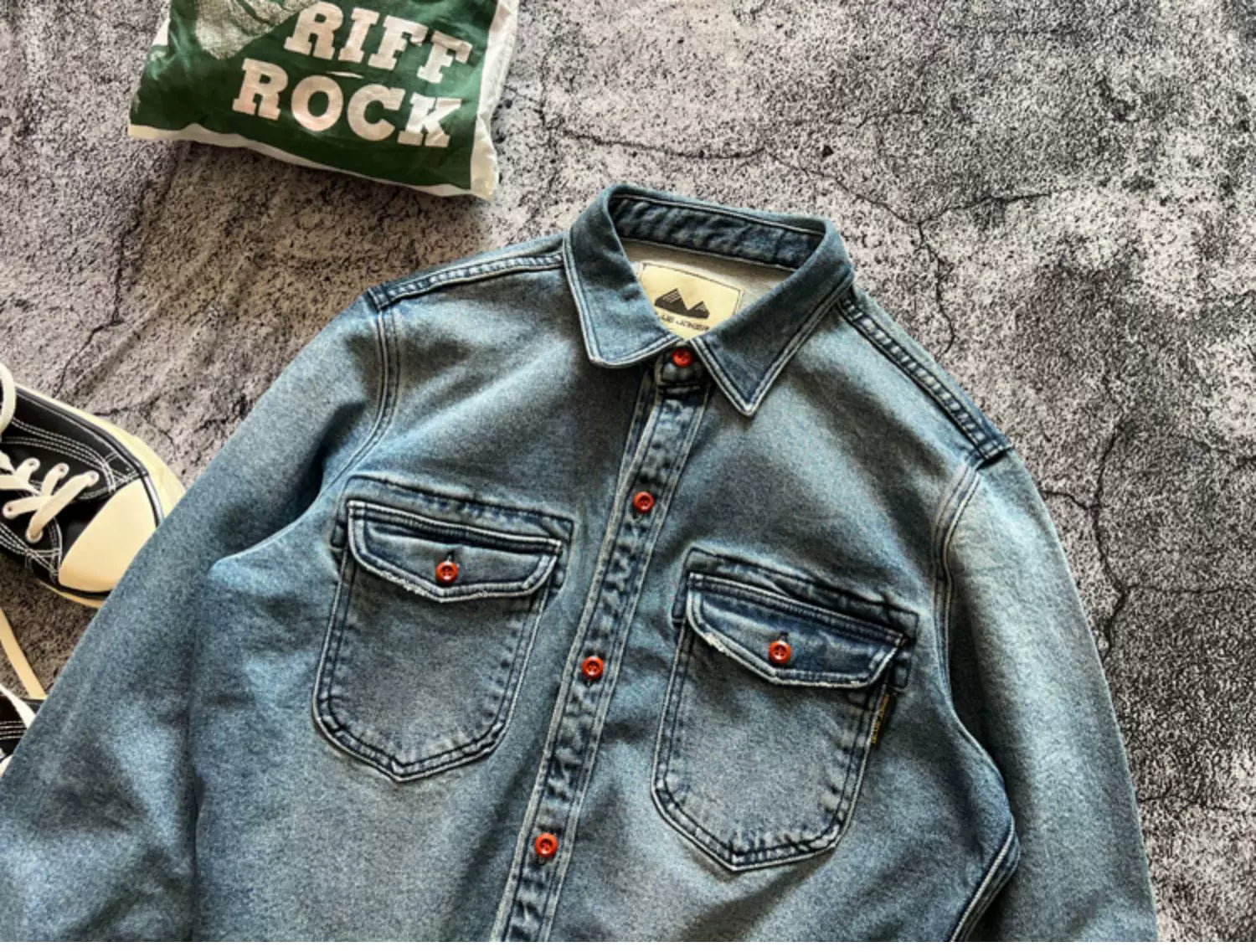 Heavyweight Stretchy Denim Shirt | Fall/Winter | 100% Cotton | Blue Washed | Thick Long-Sleeve Shirt for Men / Outerwear