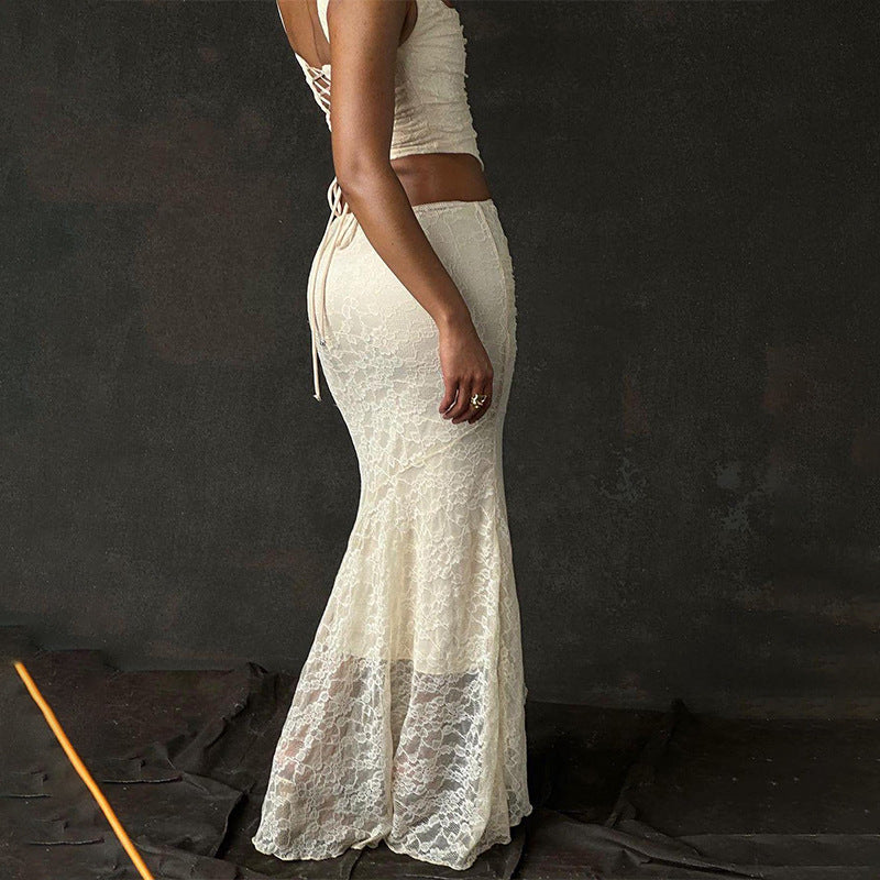 Gtpdpllt Elegant Lace Two Piece Set Women Irregular Long Skirt And Corset Top French Style Bodycon Dress Matching Sets