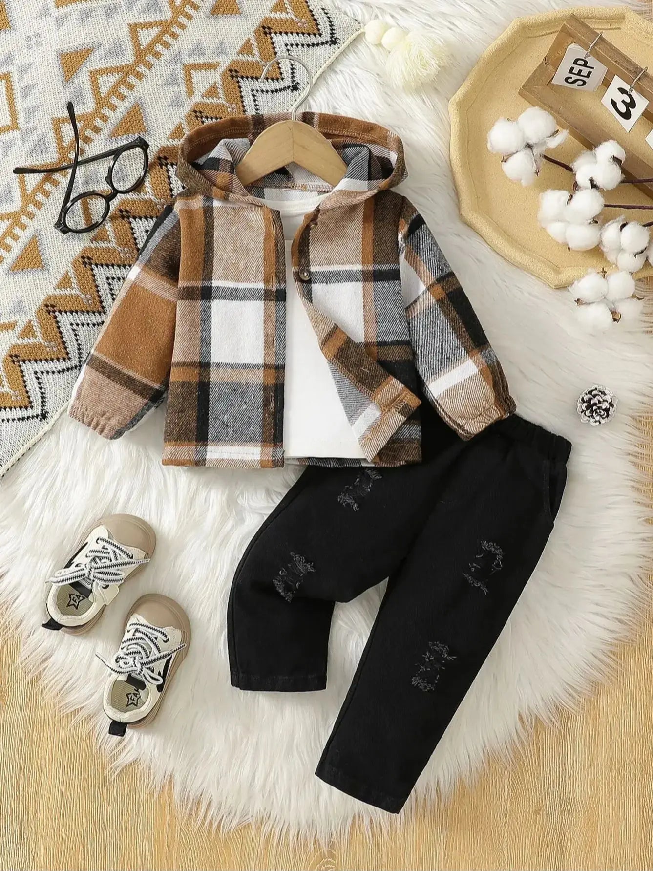 Baby Boy Autumn Striped Hoodie & Ripped Jeans 2-Piece Casual Set