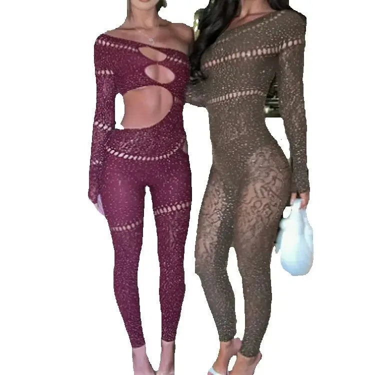 Women's Rhinestone Patchwork Hollow-Out Single Sleeve Jumpsuit