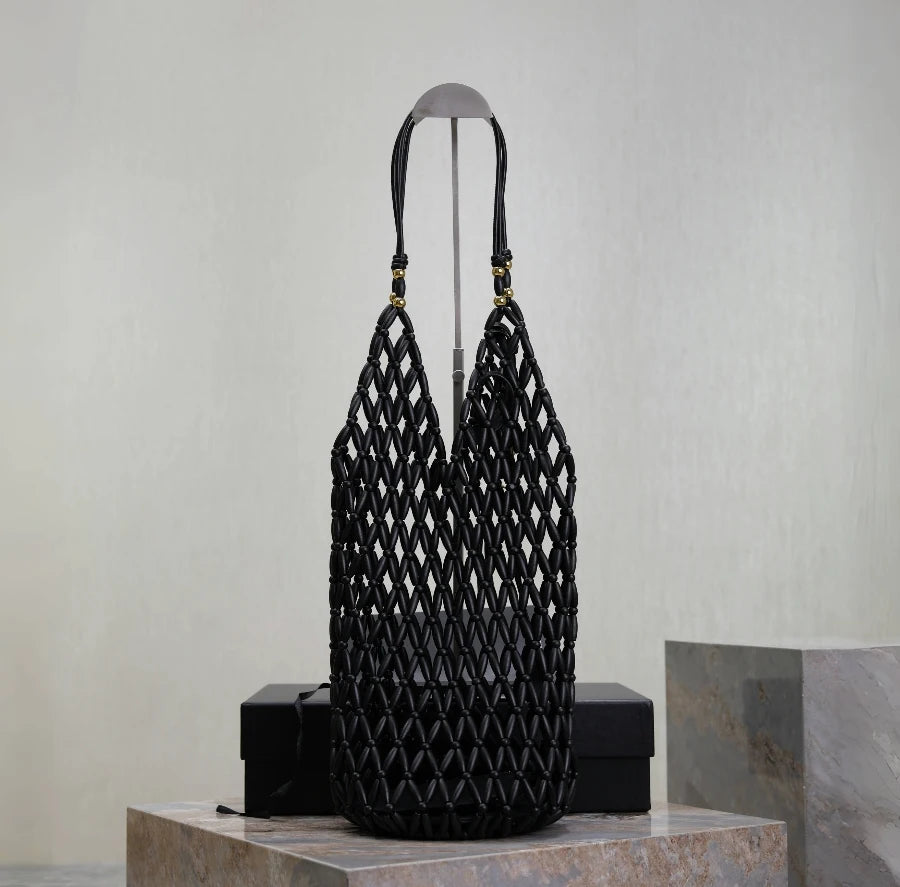 Retro Wood Bead Woven Tote Bag – Boho Shoulder Purse