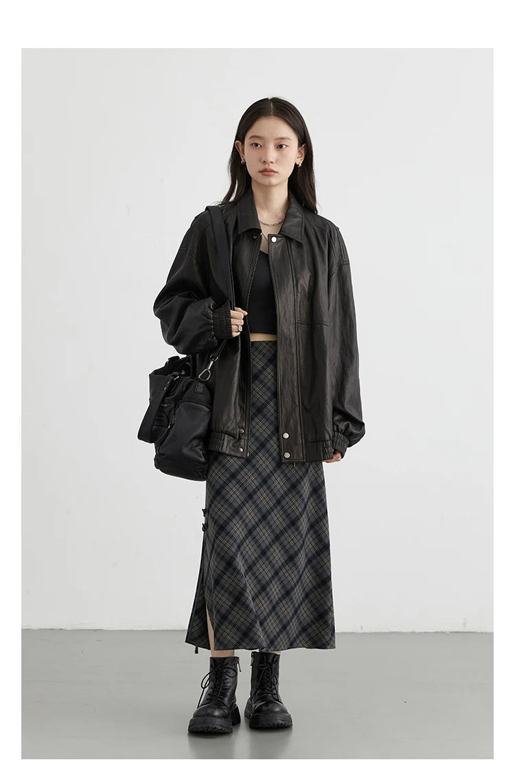 CHIC VEN Women Long Skirt Casual New Sweet Cool Style High Waist Slit Plaid Half Skirt Straight Tube Skirts Spring Autumn 2024