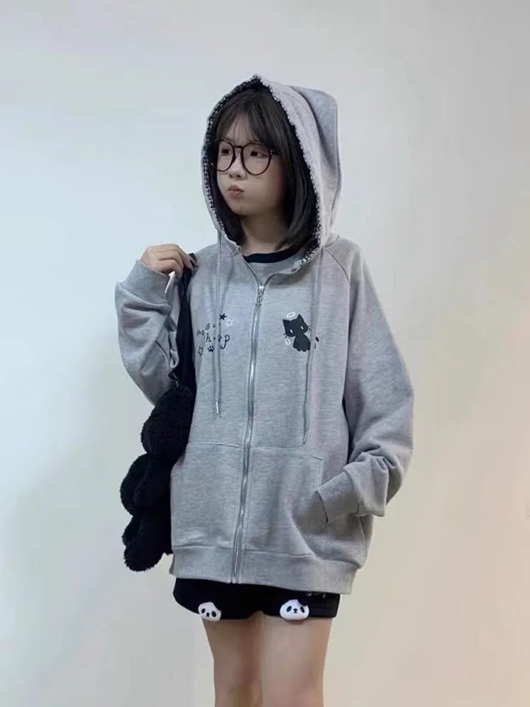Women's Cute Cat Print Relaxed Zip-Up Hoodie