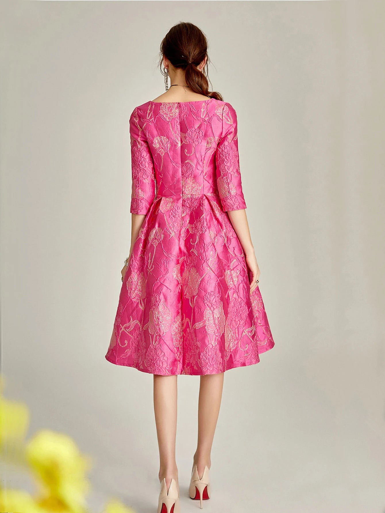 Women's Rose Jacquard V-Neck A-Line Party Dress