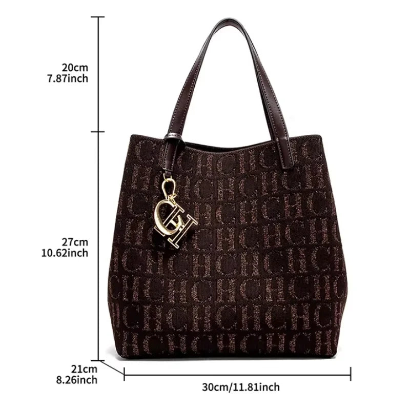 CH Women's Handbag Large Capacity Women's Simple Daily Commute Versatile Solid Color Letter Printed Design Shoulder Bag
