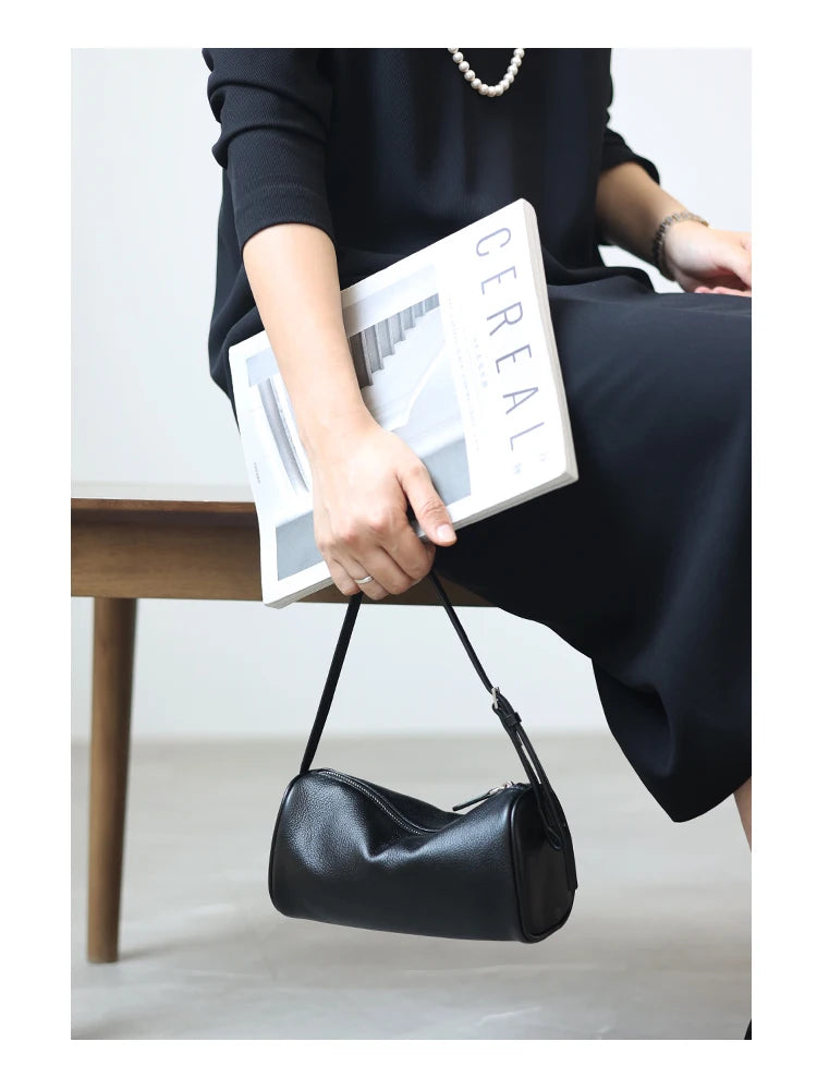Full Grain Leather Soft Balck Small Size Crossbody Bags For Women Luxury Adjustable Shoulder Strap Underarm Bag Portable Handbag