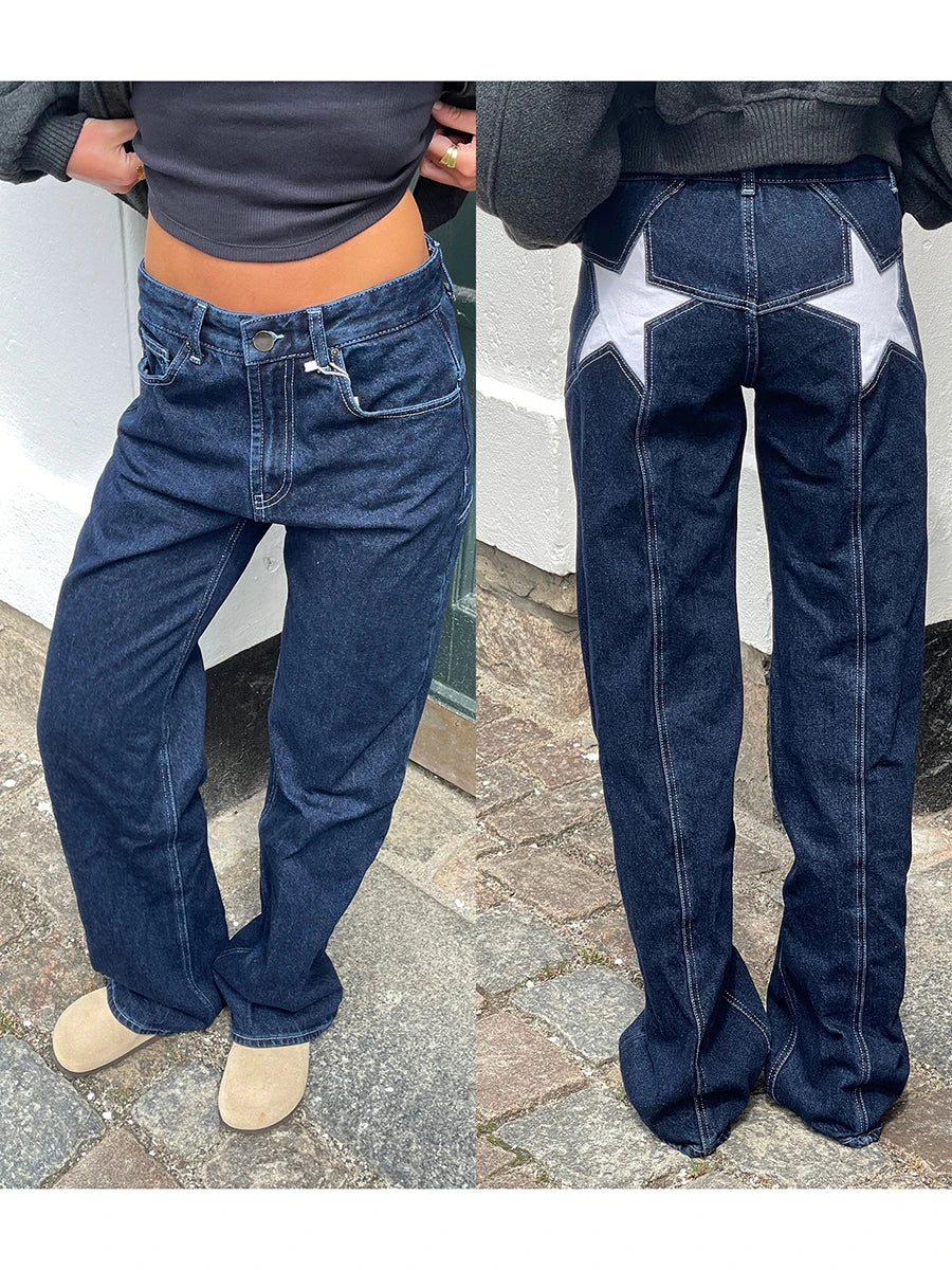 Women's Y2K Star Print Low-Rise Straight-Leg Jeans