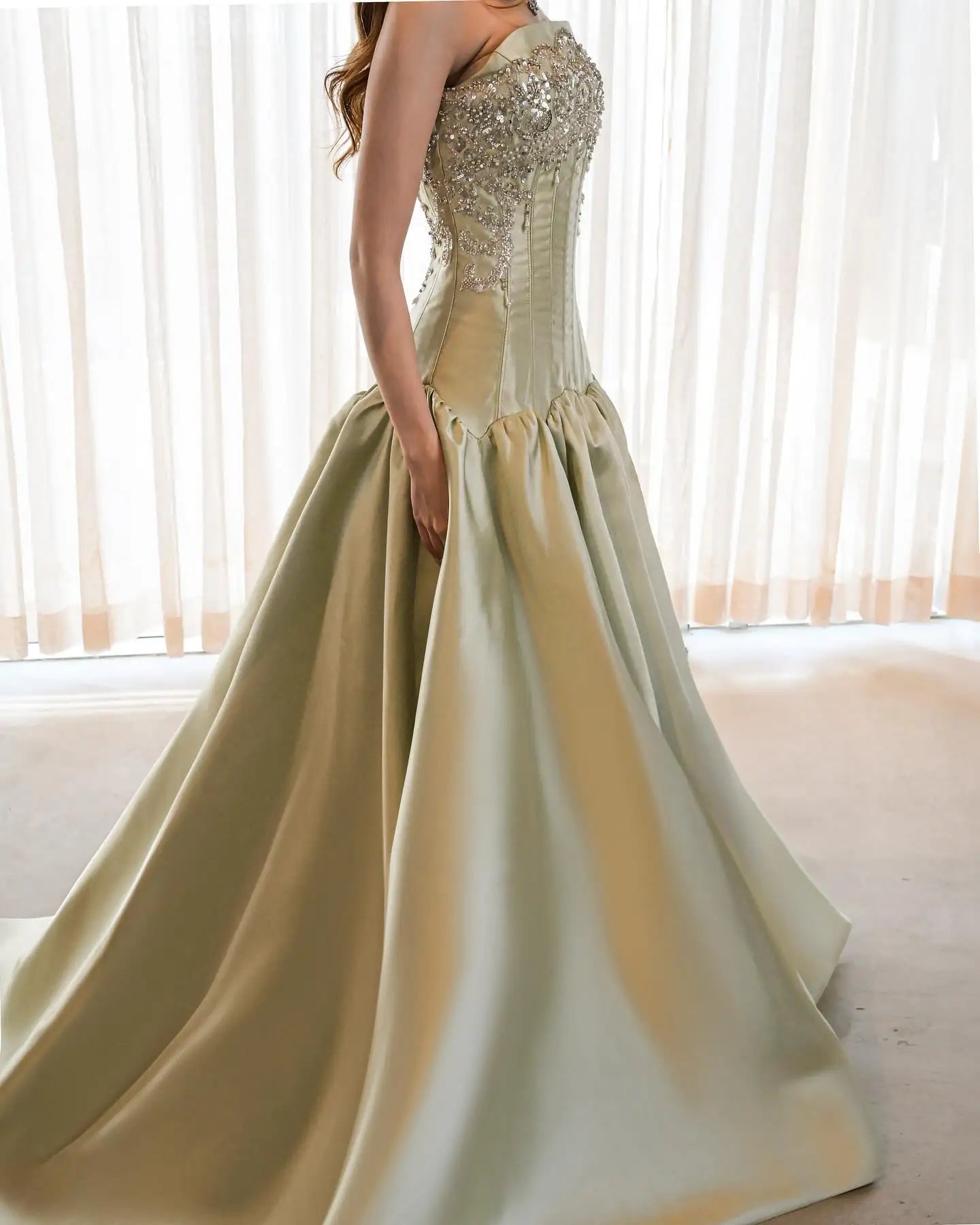 Champagne Gold Strapless Mermaid Evening Gown – Beaded Corset