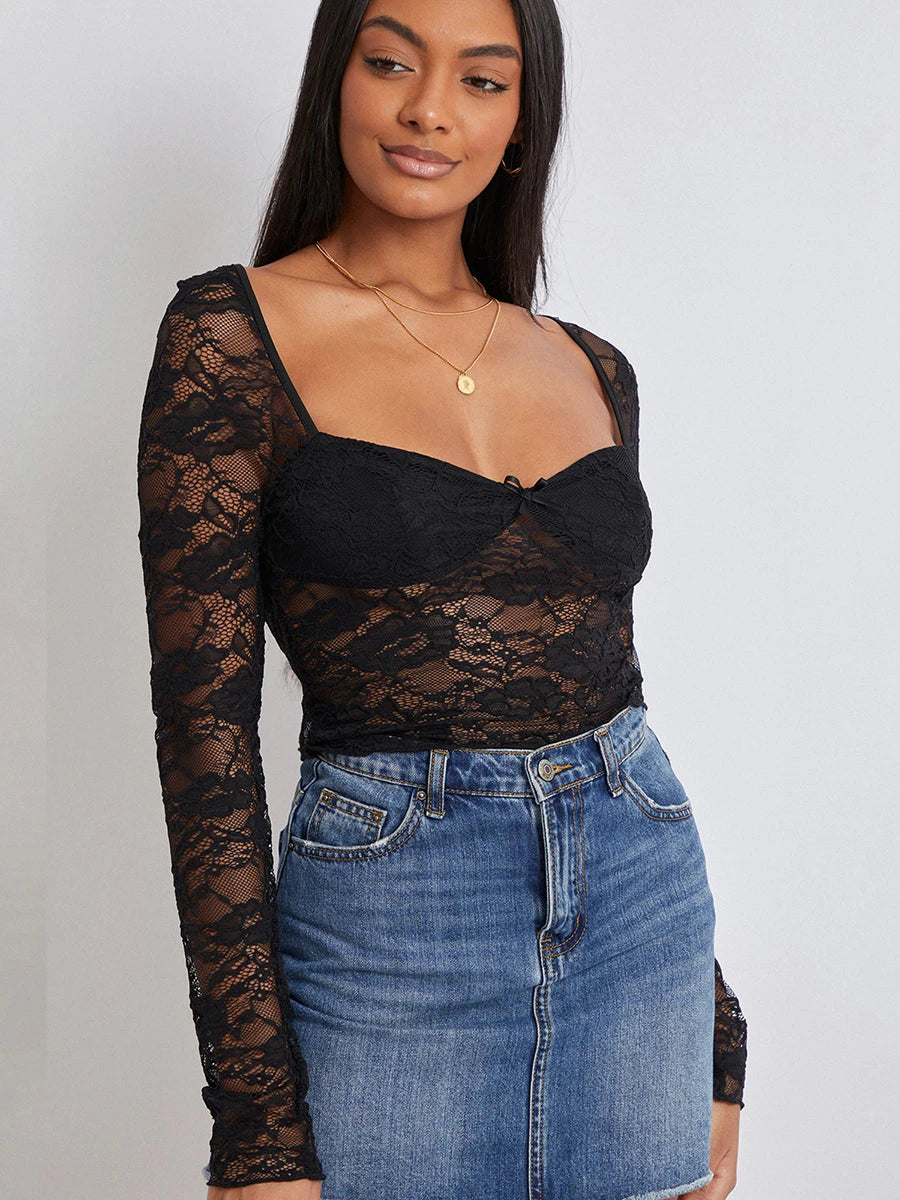 Floral Lace Long Sleeve Crop Top