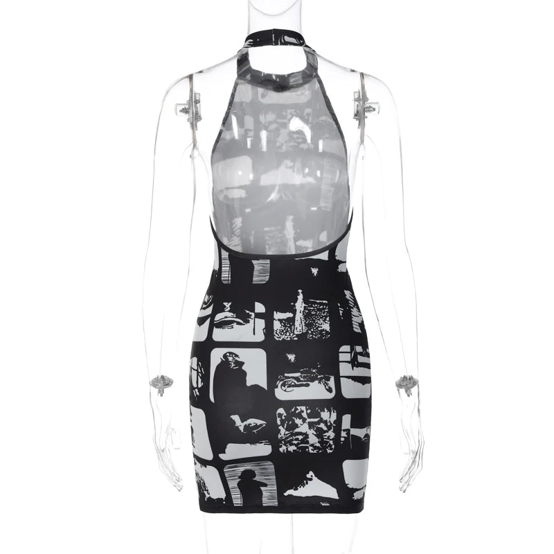 Vintage Print Halter Bodycon Mini Dress | Y2K Streetwear