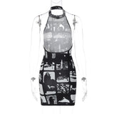 Vintage Print Halter Bodycon Mini Dress | Y2K Streetwear