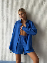 Bornladies Women's Cotton Casual Shorts Set Solid Color Lapel Long Sleeve Shirt Elastic Waist Shorts Outfit Daily Vacation Wear
