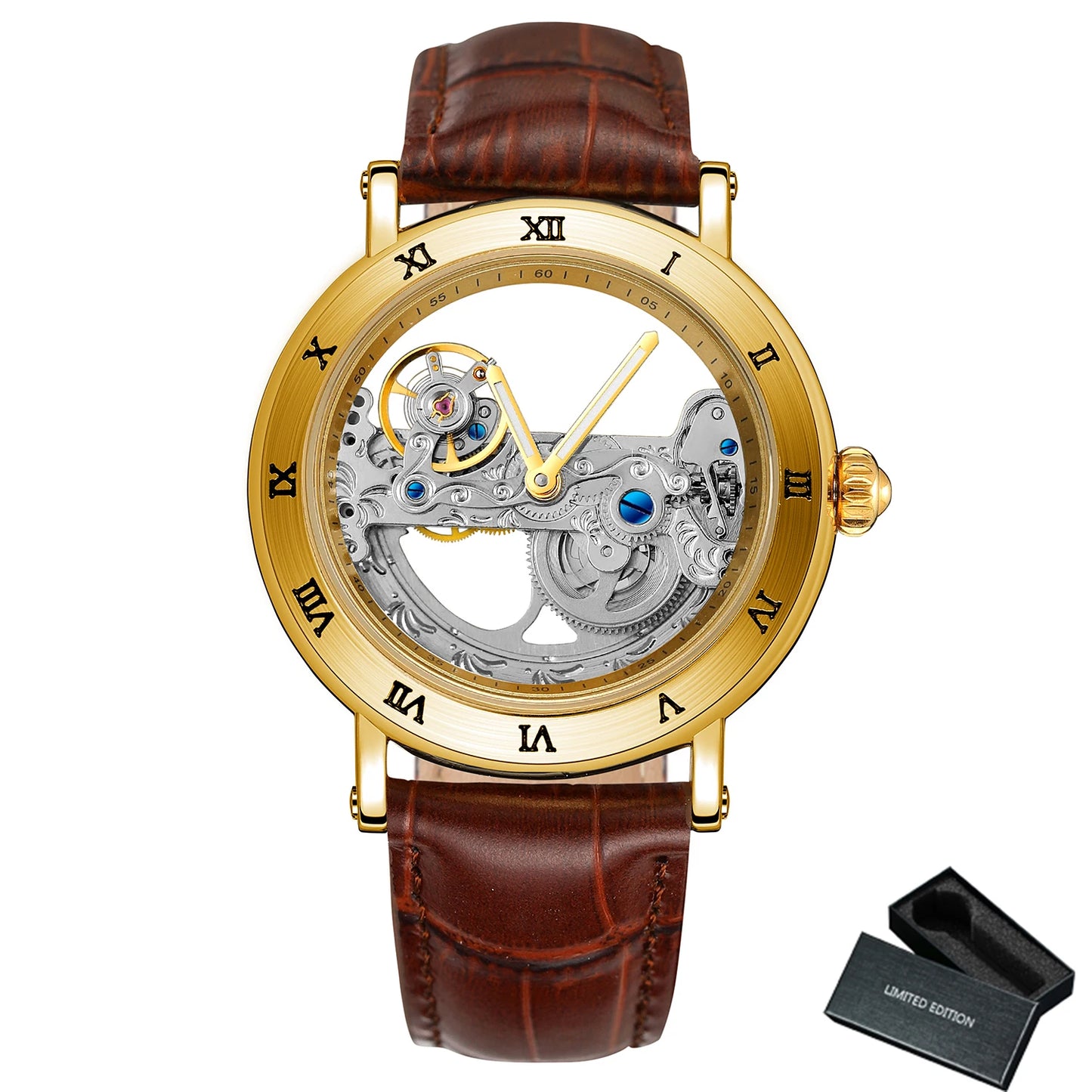 Vintage Mechanical Watches Golden Bridge Skeleton Automatic Mens Watch Luxury Genuine Leather Belt Carved Movement Luminous Hand