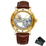 Vintage Mechanical Watches Golden Bridge Skeleton Automatic Mens Watch Luxury Genuine Leather Belt Carved Movement Luminous Hand