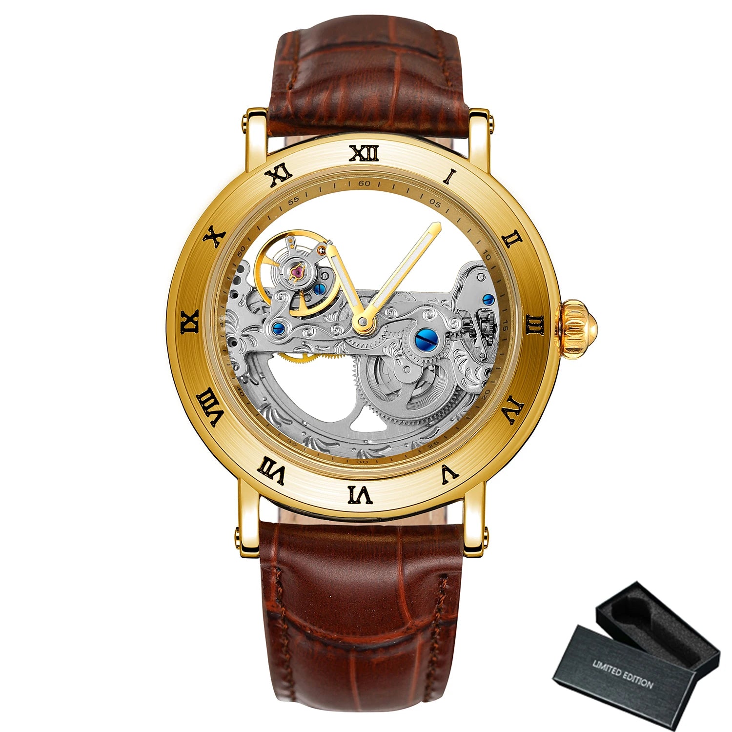 Vintage Mechanical Watches Golden Bridge Skeleton Automatic Mens Watch Luxury Genuine Leather Belt Carved Movement Luminous Hand
