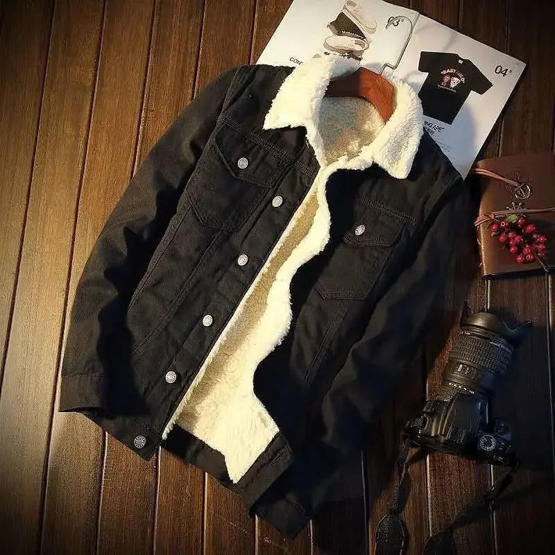 Men’s Winter Sherpa-Lined Denim Jacket – Slim Fit Padded Fleece Coat