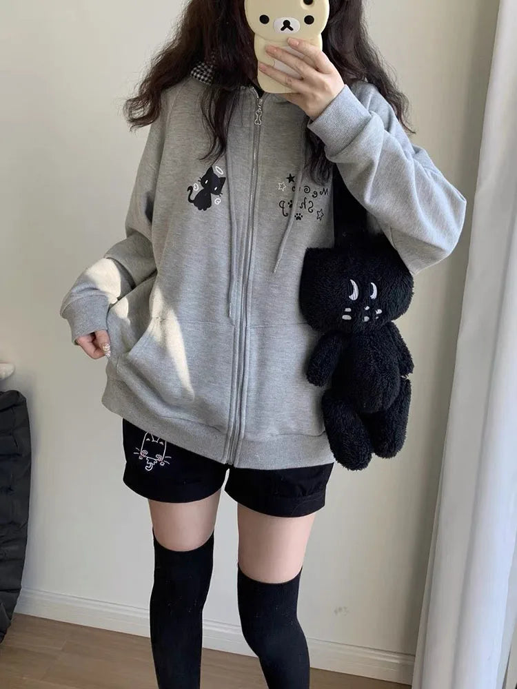 Women's Cute Cat Print Relaxed Zip-Up Hoodie