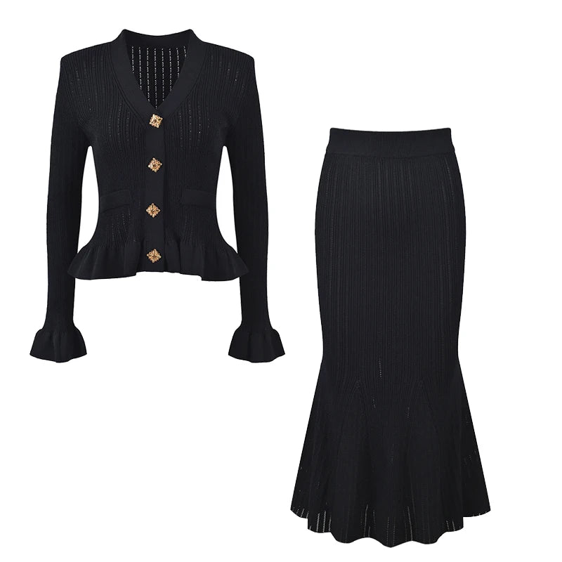 Elegant V-Neck Knit Mermaid Skirt Set