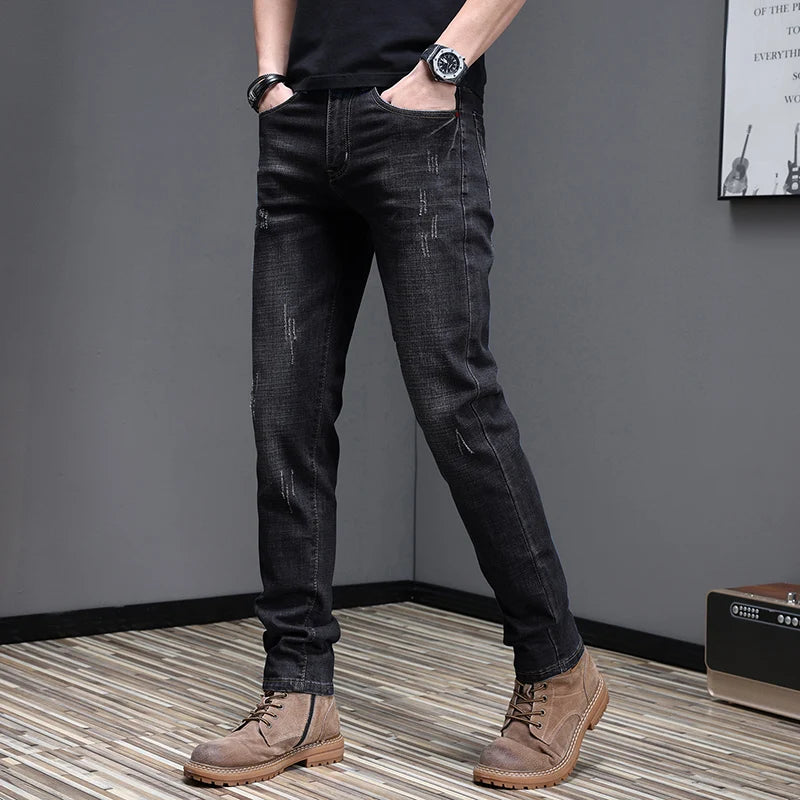 Embroidered Jeans Men's Autumn Winter New Korean Fashion Slim Little Feet Trousers Stretch Vintage Street Denim Trousers Male