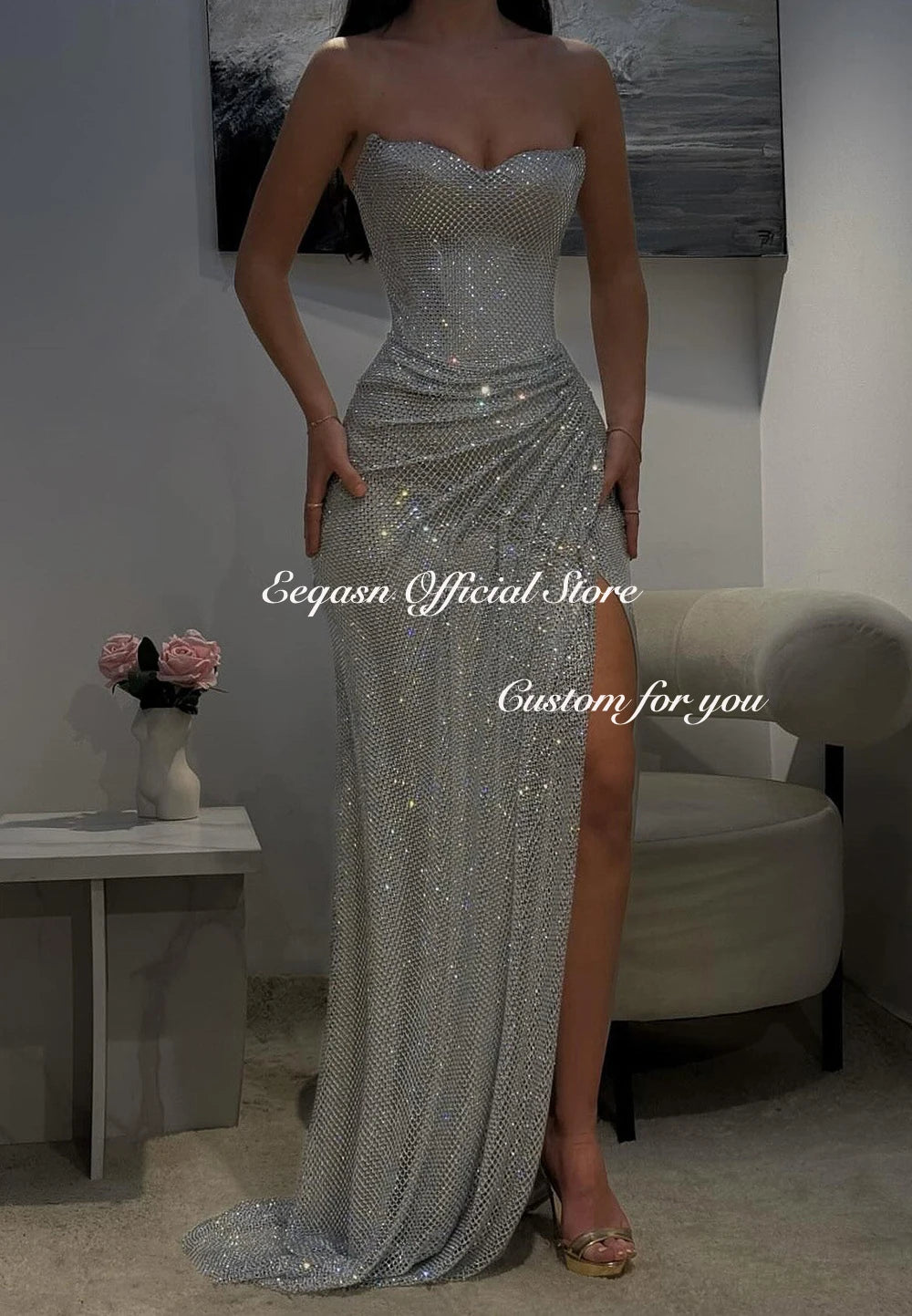 Strapless Glitter Mermaid Evening Gown | Floor-Length