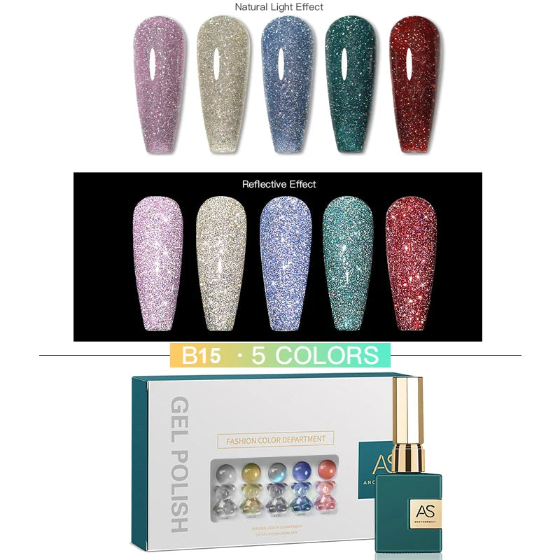 AS 15ml Glitter Cat Magnetic Nail Gel Polish Set 5 Colors Holographic Semi Permanent UV Gel Soak Off Sparkling Nail Art Varnish