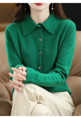 Polo Collar Spun Wool Cardigan – Elegant Single-Breasted Knit Jacket