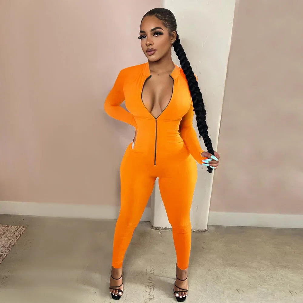 Sleek Deep-V Zip-Front Bodycon Romper – Athletic Fitness Jumpsuit