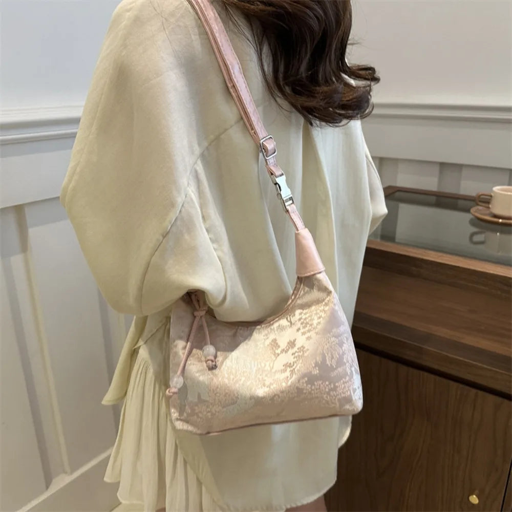 Luxury Embroidery Shoulder Bag Nylon Texture Small Armpit Bag Pearl Pendant Bucket Handbag Women Girl