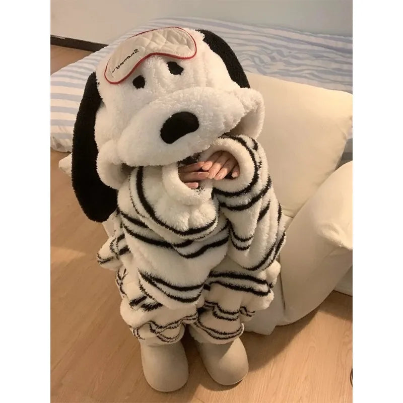 Cute Girl Cartoon Puppy Hooded Coral Fleece Pajamas Set Women's Winter New Thickened Large Size Loungewear Pajamas for Women