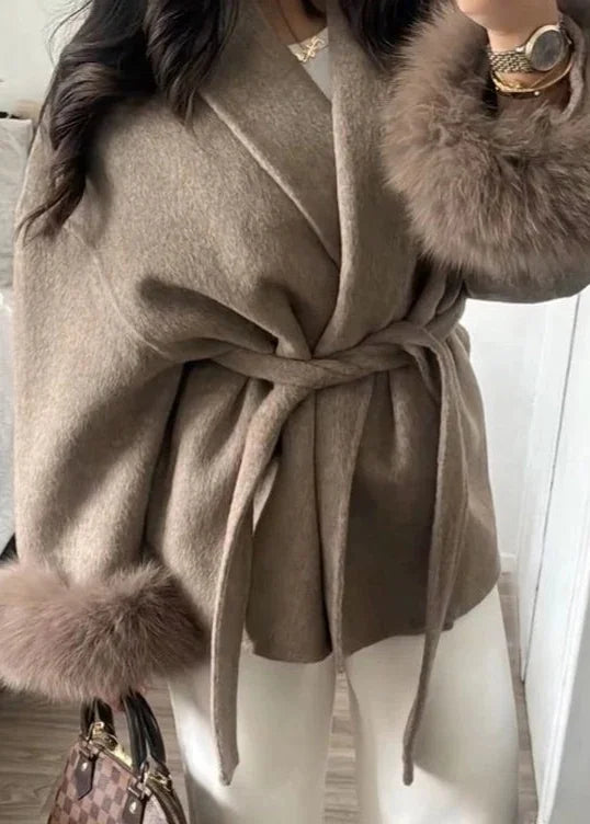 Elegant Lace-Up Woolen Short Coat