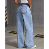 Bow-Embroidered High-Waisted Wide Leg Jeans