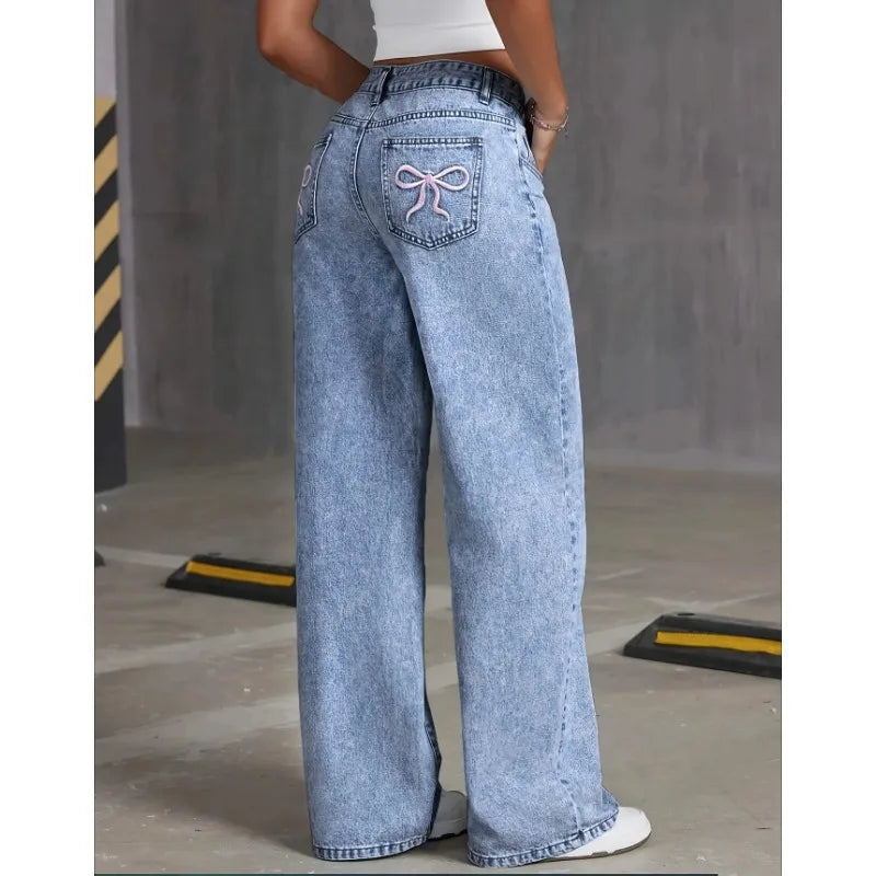 Bow-Embroidered High-Waisted Wide Leg Jeans