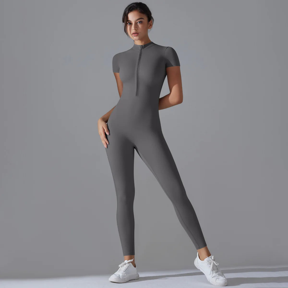 Zip-Front Yoga Jumpsuit - Quick-Dry Short Sleeve Fitness Bodysuit