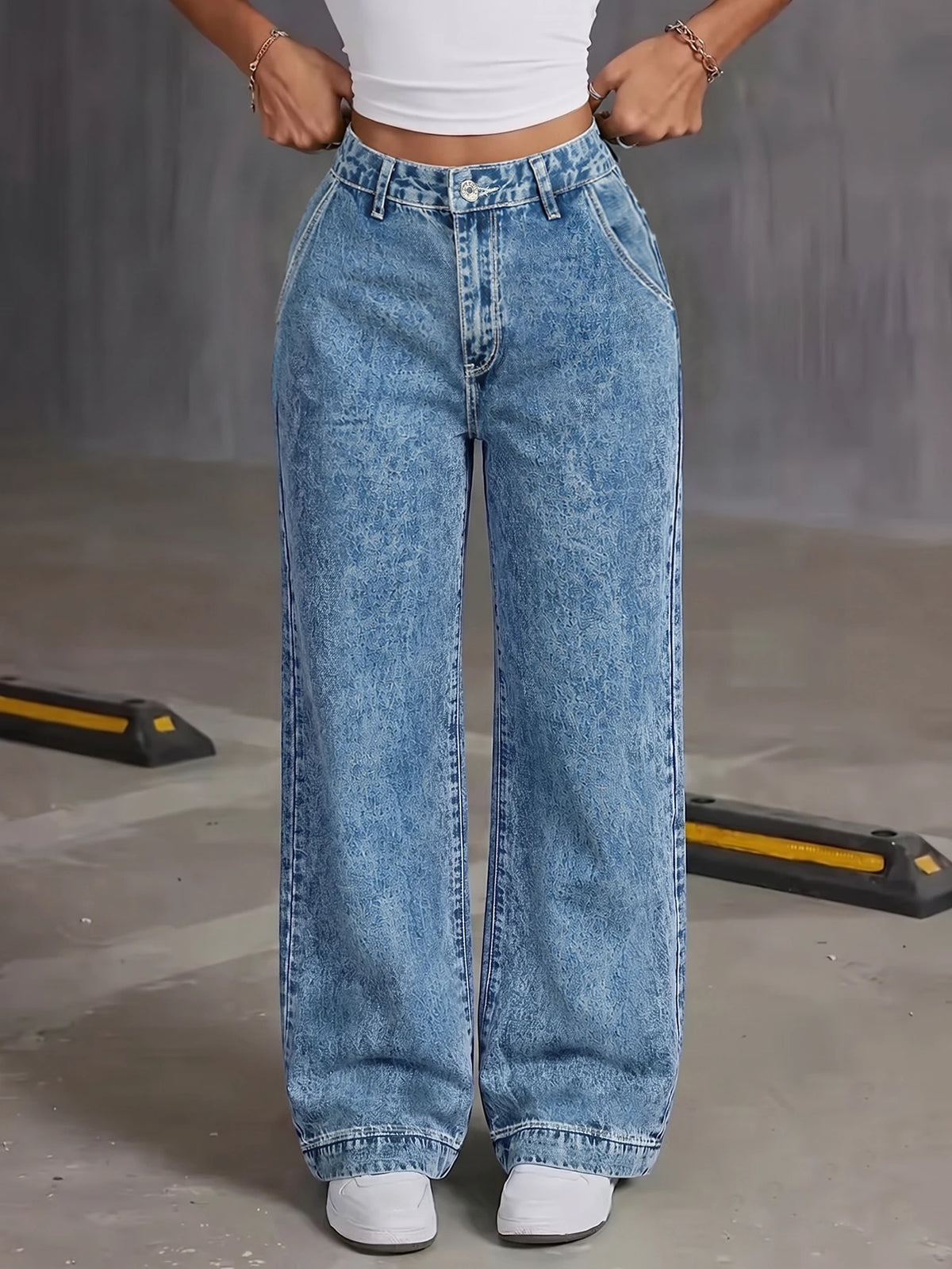 Women's High Waist Wide Leg Heart Pocket Jeans